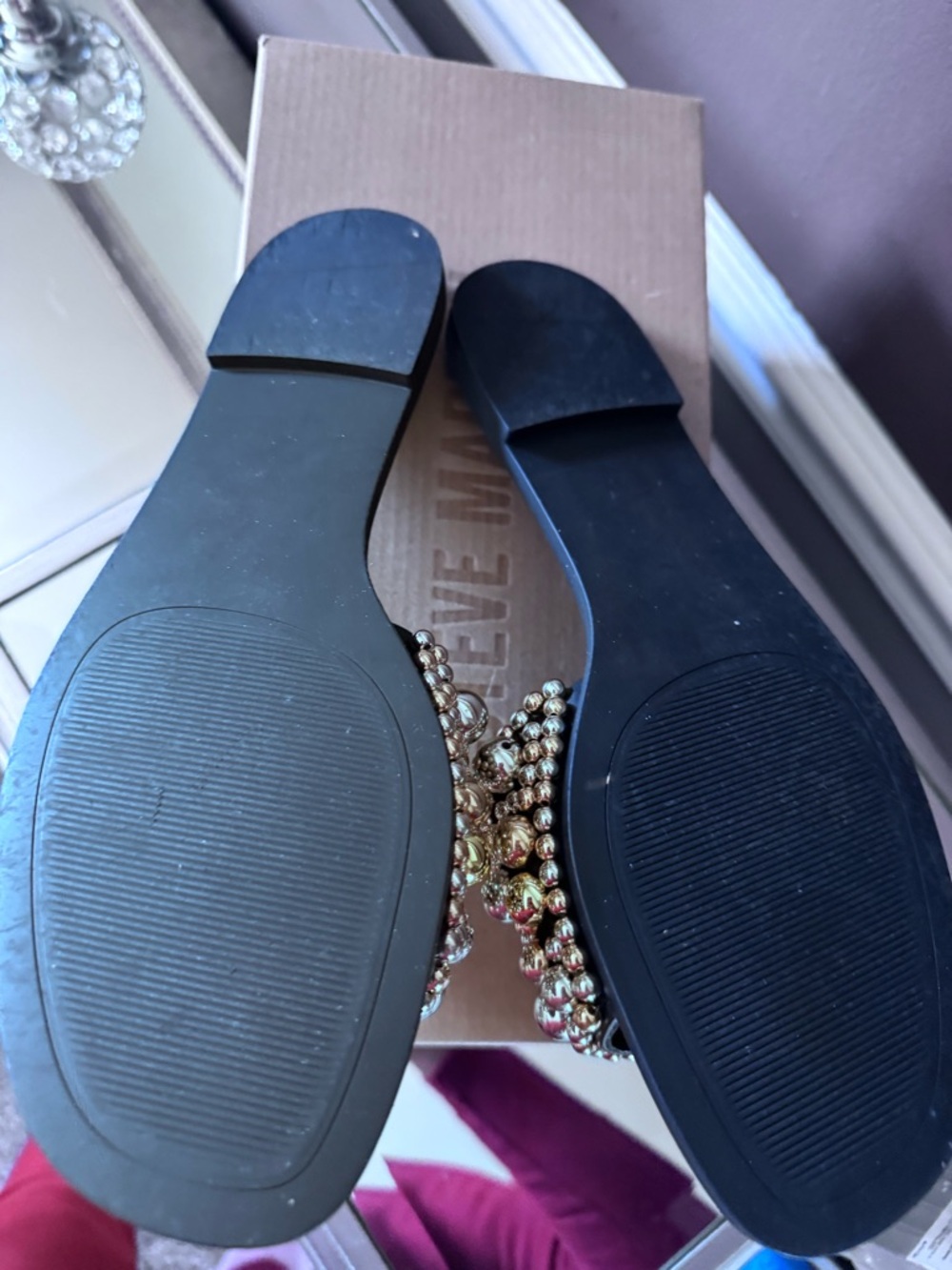 Steve Madden Black Slide Sandals with Mixed Metallic Bead Embellishment - Picture 2 of 2